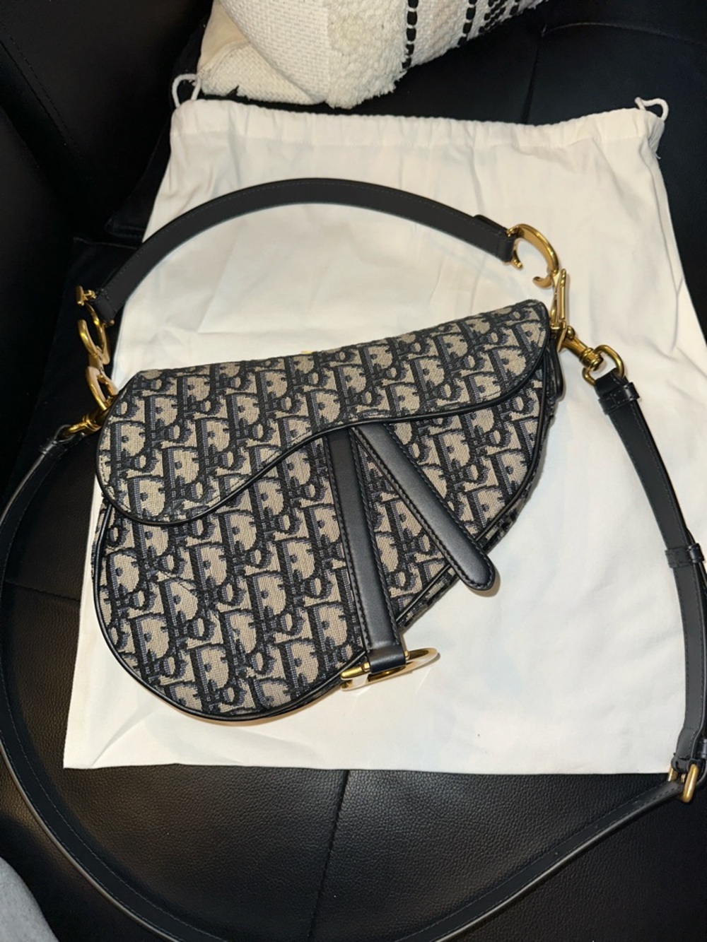 Dior Navy & Beige Saddle Shoulder Bag with Gold Hardware